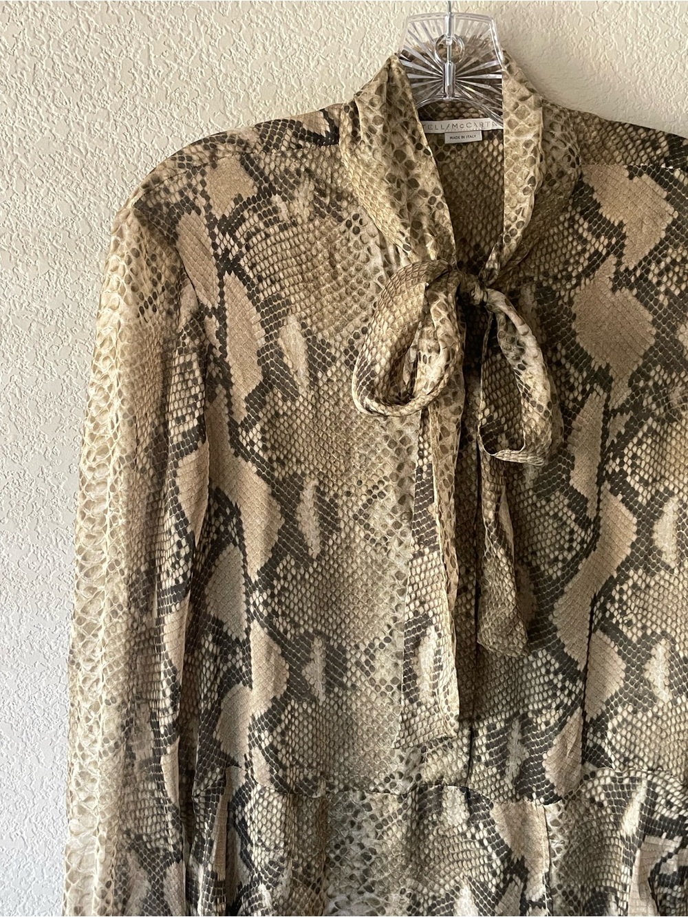 Stella McCartney Silk Beige Taupe Snake-Print Long Sleeve Tie-Neck Dress $1,200